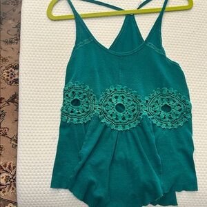 Free People Green Tank Top with Crochet Medallion Cut Outs-sz Medium